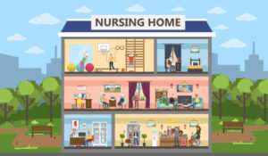 Nursing home city building interior with senior people and assistants (i2tutorials)